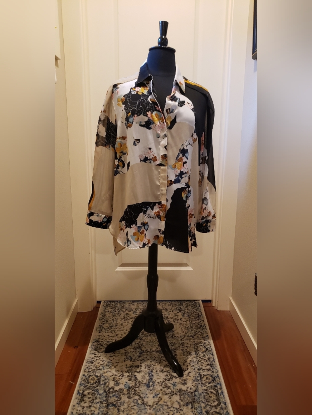3:1 Phillip Lim Floral Patchwork Button-Up Blouse in Beige and Black